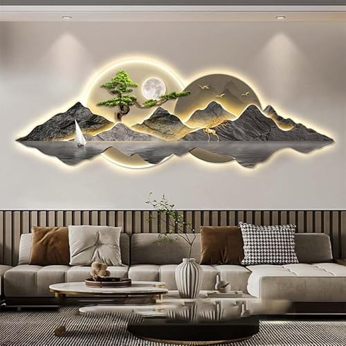 JNTFNE 3D-Wanddekoration mit LED-Licht, Sonne und Mond, Fernbedienung, beleuchtetes Wandbild, Berg und Hirsch für Wohnzimmer (E)