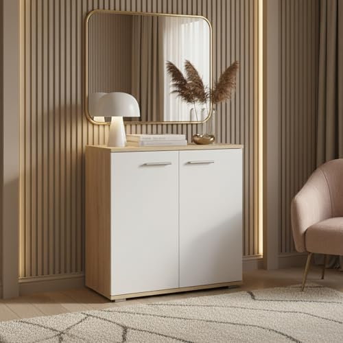 Komodee Commode FAUSKE - Capiente - 2 Ante - Rovere Sonoma - Bianco - Larghezza 69 cm, Altezza 74 cm, Profondità 34 cm