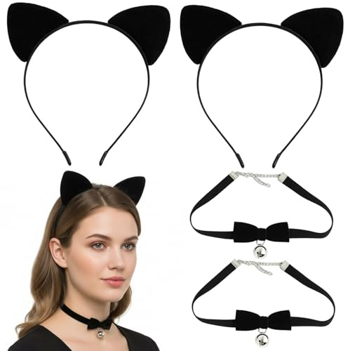 ZocRjvN 4 Katzenohren Haarreif Schwarz, Katzenohren Haaraccessoires, Halloween Party Cosplay Zubehör, Katzenkostüm Accessoires Set mit 2 Haarreifen und 2 Halsbändern
