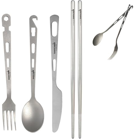 Dawn Deer Lot de 4 couverts en titane avec baguettes – Fourchette, cuillère, couteau, baguettes, ultra léger, couverts de camping, de voyage, résistants à la chaleur, inoxydables, équipement de survie