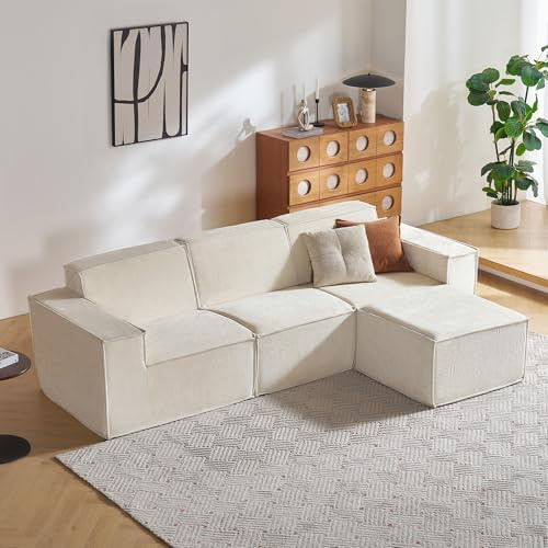 LINSY HOME Sofá de Esquina con función de Dormir - Sofá Cama Modular de 266 cm, sofá en Forma de L, sofás seccionales para salón, no Requiere Montaje (Chenilla, Blanco, 3 plazas con otomana)