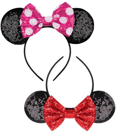 AMWYODK 2 mouse ear hairbands, shiny sequins, bow hairbands, hair accessories, Christmas, Halloween, Easter role-playing party.