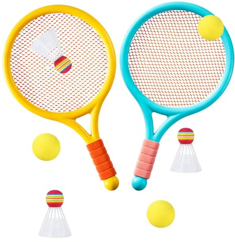 Kids Tennis Rackets Set, 2 Plastic Tennis Rackets and 3 Shuttlecocks and 3 Tennis Balls, Kids Tennis Set for Children Indoor Outdoor Sports Games, Good Companion for Company