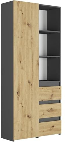 Framire Bücherregal Anthrazit/Artisan Eiche 80x30x180 cm – Standregal mit 2 Türen, 3 Schubladen & offenen Fächern, modernes Regal für Wohnzimmer, Büro & Arbeitszimmer, Modern B-80-S3