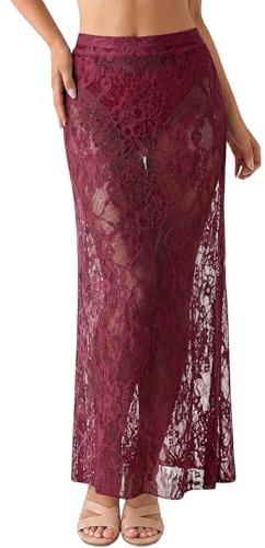 Aunribor Gonna Donna Lunga in Pizzo a Vita Alta Pizzo Elegante Trasparente Ricami Floreali Cintura Elastica Gonna Lunga Casual Spiaggia Vacanze Estive Senza Fodera
