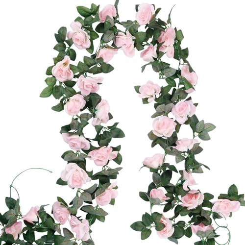 Yoolly 2 Pack 7.2FT Artificial Flowers Rose Garland, Fake Flowers Hanging Vine for Outdoor Indoor Wedding Wall Bedroom Decoration, Garden Ornaments Outdoor