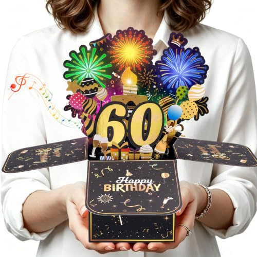 Geburtstagskarte zum 60. Geburtstag mit Musik & Licht für Frauen und Männer | Pop-Up „Happy Birthday“ 60. Geburtstagskarte mit Feuerwerk & ausblasbarer Kerze für für Papa, Mama, Opa, Oma, Schwester