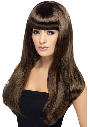 Smiffys Babelicious Wig, Brown Long, Straight with Fringe, Ladies Glamour Wigs Fancy Dress, Adult Dress Up Wigs