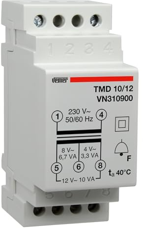 VEMER VN310900 TMD 10/12 - Transformador de Electricidad de Carril DIN para Servicio Discontinuo, Ideal para Timbres, Citófonos, Alarmas, Puertas Automáticas, 230V/4-8-12V, Potencia 10VA, Blanco