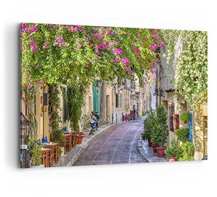 Wandbilder Dekoration Wohnzimmer Straße dekoration blumen griechenland Bilder auf Leinwand 120x80cm Leinwandbild Schlafzimmer Deko Wand Kunstdruck Art Groß XXL Wanddeko Bild Decor Canvas AA120x80-2429