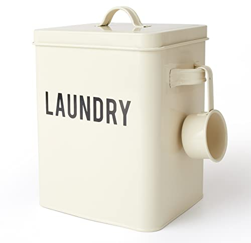 LA JOLIE MUSE Laundry Detergent Powder Storage Tin Box, Farmhouse Laundry Room Decor, 9 Inch High, Cream