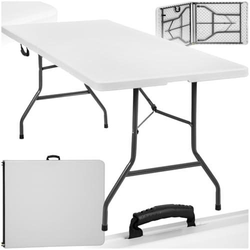 tectake® Mesa Plegable, Mesa Camping Plegable con Asas, Mesa Jardín Exterior, Robusta y Compacta, Topes en Patas, Fácil Montaje y Limpieza, Ideal Acampadas, Jardín, Terraza, Picnic, 183x76x74cm