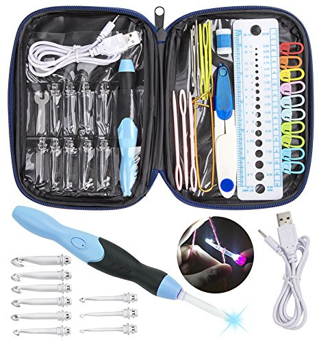 Feelava LED Aiguille à Crochet, Lumineux Aiguilles à Tricoter Tricot Outils avec Organisateur Cas & Rechargeable Batteries, 9 Interchangeables Têtes 2.5mm à 6.5mm, LED Ensemble de Crochets(Bleu)