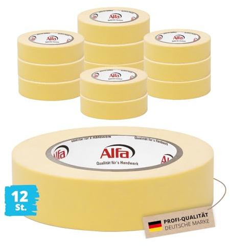 Alfa 12x Feinkrepp EASY 30 mm x 50 m – Malerband zum Streichen (600 m) | Profi-Qualität - Nässeresistentes Abklebeband für scharfe Kanten, hitzebeständig bis 80 Grad, reißfestes Malerfeinkrepp