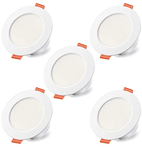 HEKEE LED Recessed Ceiling Lights, Φ70-85mm Hole, Round Spotlights, 3 Inch Downlights 8W 60W 800 lumens, IP44 2700K Warm White (Pack of 5)