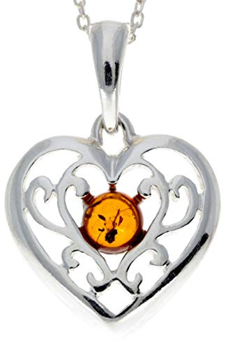 GL2006 Anhänger keltisches Herz aus echtem baltischen Bernstein und Sterlingsilber, ohne Kette, Stein Sterling Silber Harz, Bernstein