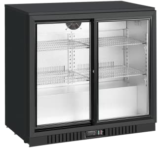 METRO Professional Frigorífico para bebidas GBC3102, chapa/aluminio/vidrio, 90 x 52 x 86.5 cm, 160W, con cerradura, descongelación automática, iluminación LED (198 L - Puertas correderas, Negro)