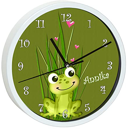 CreaDesign, Wanduhr für Kinderzimmer Frosch-Graß, Kinderuhr weiß mit Quarz Uhrwerk, personalisiert mit Name, Durchmesser 19,5 cm