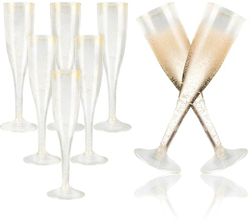 FainFun Sektgläser aus Plastik, 6 Stück für Braut Mit Goldglitter, 200ML, Elegant für Party, Hochzeit, Picknick, Weinbecher Mehrweg