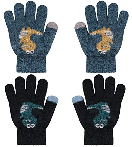 ZDQC 2 Paar Warme Strickhandschuhe Kinder, Süße Vollfinger Handschuhe, Winter Stretch Fingerhandschuhe (Dinosaurier-B)