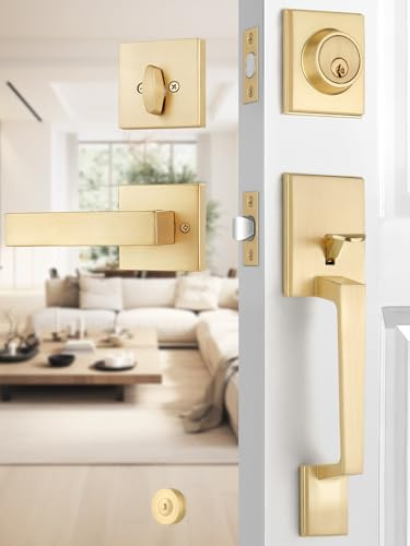 Front Door Handle and Deadbolt Set, Satin Brass Exterior Door Lock Set | Front Door Lock & Single Cylinder Deadbolt Combo | Modern Entry Door Lock Set | Reversible for Left Right Doors, Heavy-duty