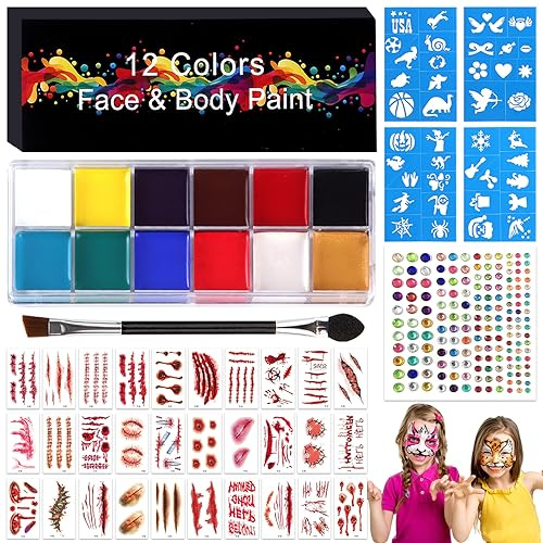 Lets Joy Halloween Kinderschminke Set, Halloween Schminke Set, 12 Farben Schminkpalette, 4 Tattoo-Vorlagen, 30 Temporäre Halloween Tattoos,1 Edelsteine Aufkleber und 1 Pinsel, Face Paint Karneval