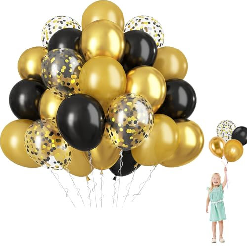 Black and Gold Party Balloons Set,60Pcs 12Inch Thick Latex Gold and Black Balloons Metallic Confetti Helium Balloon for Wedding Anniversary Graduation New Year Christmas Party Decorations