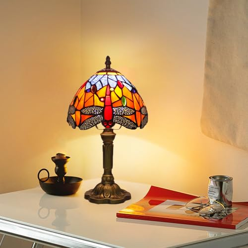Mengjay Tischlampe,Vintage Nachttischlampe Wohnzimmer Tischleuchte,Bunte Glas Lampenschirm,E27 Nachtlampe Leselampe,Schlafzimmer Deko Lampe,Jugendstil Tischlampe (A)