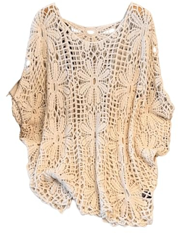 MakeMeChic Women's Plus Size Boho Tops Crochet Sweater Dolman Sleeve Beach Cover Up Plus Beige 1XL
