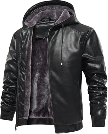 FANARCHER Men’s Faux Leather Jacket Fleece Padded Bomber Motorcycle Jacket with Hood