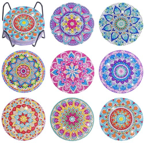 Dmiuhbl 8Pcs Mandala Diamond Art Coasters kits with Holder 5D Diy Acrylic Diamond Painting Coasters Mosaic Kits for Beginners Adults And Kids Art Craft Supplies Gifts