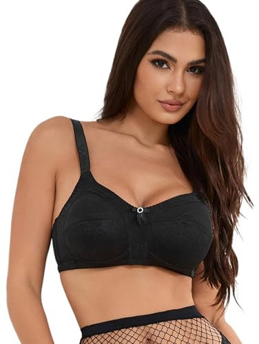 ohmydear Women's Non Wired Full Coverage Bras Non Padded Everyday Ladies T-Shirt Bra Wide Straps Plus Size Soft Cup Comfort Bralette Large Bust, 42D Black