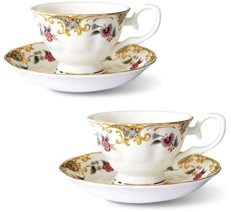 Tasse aus Porzellan 2er Set, Bone China Kaffeetassen mit Untertassen 200 ml