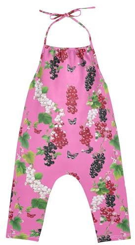 Wudan Overol para niñas con bolsillos y espalda descubierta, pantalones hawaianos de algodón, talla 1T, Grosella, rojo, negro, blanco, fruta, rosa intenso, 6 años