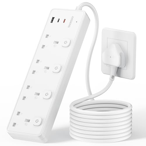 Extension Lead with 3 USB Slots(30W),4 Way Sockets Outlets Ports Extension Cable with 4 Individual Switches Surge Protected，Wall Mountable Extension Socket for Home,Office,School,5M,White
