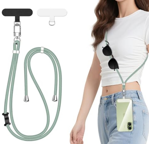 ivoler Cordon para Movil Universal, Cuerda para Movil Ajustable con 2 Parches Duraderos y Lazo de Cuero Negro, Compatible con Todos Los Teléfonos Inteligentes y la Mayoría de los Funda