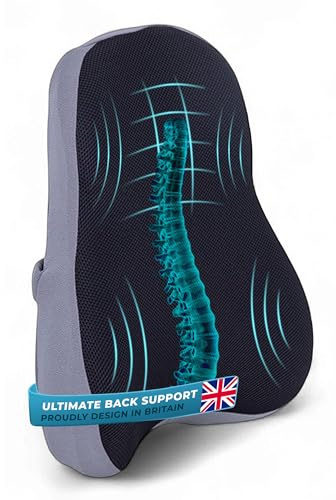 Comfortpad Britain Memory Foam Back Lumbar Support Cushion, for Office Chairs, Cars, Home, with strap in Black & Grey 53cm x 48cm