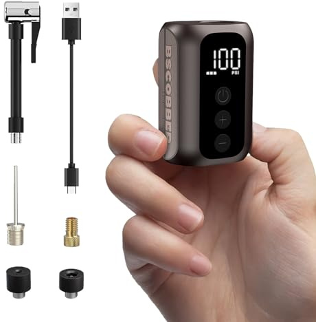 BSCOBBER A5mini Bike Pump, Pocket-Sized 100PSI Mini Electric Air Pump with Digital Gauge, Ultra-Lightweight 98g Portable Tire Inflator with Auto Shut-Off for Road Bike Presta & Schrader Valve