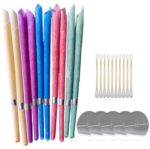 SiumPklay 10-Piece Colorful Ear Candles Kit with 5 Protective Plates – Natural Beeswax Ear Wax Removal Candles for Blocked Ears, Safe & Relaxing Ear Care (Includes 10 Cotton Swabs)​