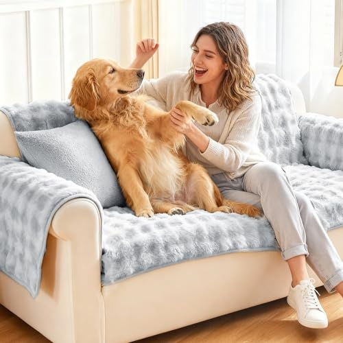 Tokokimo Waterproof Sofa Cover 1 2 3 Seater - Soft Faux Rabbit Fur Non Slip Corner Sofa Covers L Shape Fluffy Slipcovers for Couch Furniture Protector from Dogs & Kids, Grey Armrest (70x70cm)