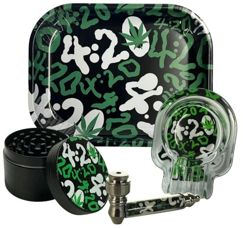 Rolling Tray Gift Set Includes Glass Ashtray Metal Pipe & 50mm Herb Crusher - Premium Smoking Accesseries Kit For Home or Travel - Gift for smoker ((Design-4))