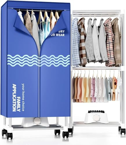 Secadora de Ropa Eléctrica Portátil con temporizador, armario de secado de ropa de 60 pulgadas de gran capacidad, tendedero eléctrico para el hogar | Apartamentos (Azul Oscuro)