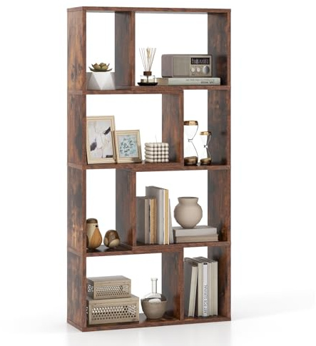 GOPLUS Bücherregal mit 8 Fächern, Regal in geometrischer Form, Würfelregal mit offener Rückseite, Raumteiler Regal Aufbewahrungsregal Büroregal für Schlafzimmer, Wohnzimmer, 60 x 20 x 120 cm (Braun)