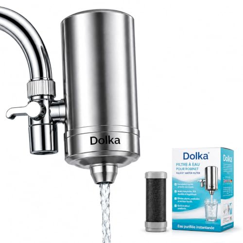 Filtre Eau Robinet Cuisine Dolka – Purificateur Eau Robinet en 100% inox – Eau Filtrée Instantanée – Filtre Eau Maison avec Charbon Actif – Installation Facile Sans Outils