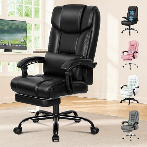 ALFORDSON Kontorsstol med ergonomiskt högt ryggstöd, 150° liggande position, ventilerande nättyg och hjul för svalt och bekvämt arbete, PU-läder, svart