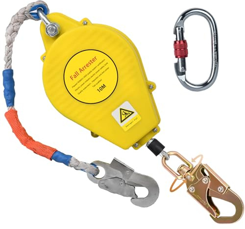 BOVDC Harnais de Securite Anti Chute Toiture, Dispositif Antichute a Rappel Automatique 10m, Stop Chute Toiture à Rappel Automatique Rétractable avec Crochet Rotatif Autobloquant Amélioré(Jaune,10m)