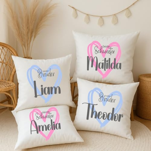 wolga-kreativ Personalisiertes Geschwister Kissen mit Namen 40x40 cm Bruder Schwester Design Herzmotiv mit Fuellung Kinderkissen Geschenk Fuer Geschwister Geburt Geburtstag Kinderzimmer Deko