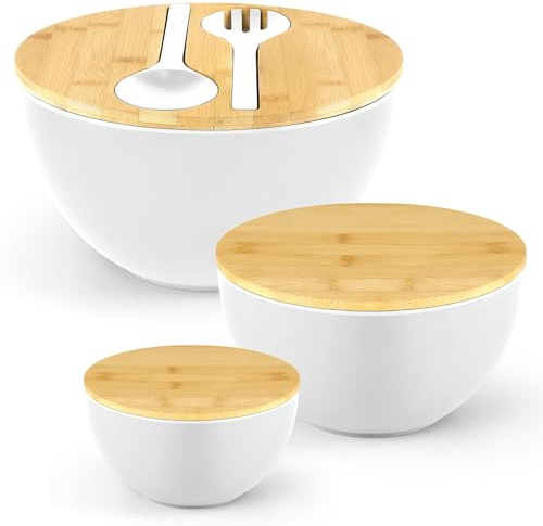 3 Pack Large Plastic Salad Bowls with Wooden Lids, White Mixing Bowls Set