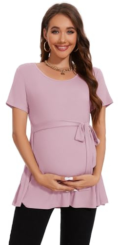 Smallshow Women's Maternity Clothes Tie Front Short Sleeve Pregnancy Tops