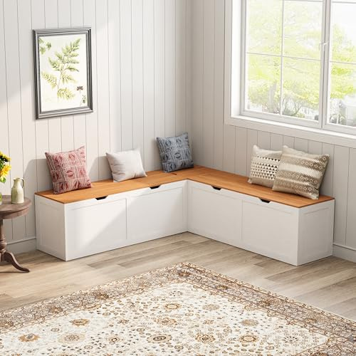THE CARY C L Shape Kitchen Breakfast Nook Bench, Kitchen Corner Nook Bench Seating with Hidden Storage, Corner Dining Bench for Entryway. (Yellow + White)